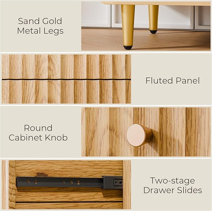 Fluted Vanity Desk with 36" Mirror and Lights, Makeup Vanity Desk with Glass Top, Dressing Table with 5 Drawers & Shelves, Wood Vanity Table for Bedroom(Natural Oak)