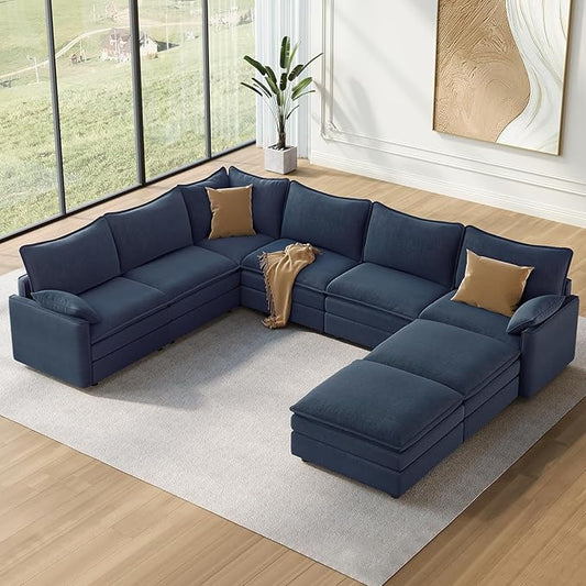 Vesgantti Large Modular Sectional Sofa, Big Comfy Cloud Couch with Ottoman Deep Seat Chenille Cloud Sofa, 8 Seater Large Sectional Couches for Living Room, Bedroom and Apartment, Blue