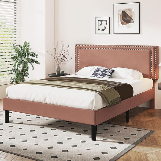 VECELO Full Size Bed Frame with Adjustable Upholstered Headboard, Wooden Slats Platform, Noise-Free Design, No Box Spring Needed, Easy Assembly