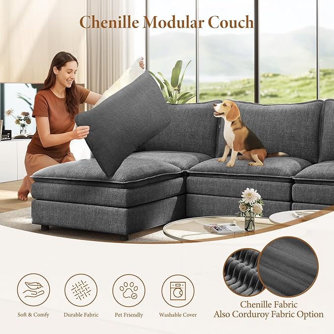 Vesgantti Large Modular Sectional Sofa, Big Comfy Cloud Couch with Ottoman Deep Seat Chenille Cloud Sofa, 8 Seater Large Sectional Couches for Living Room, Bedroom and Apartment, Gray