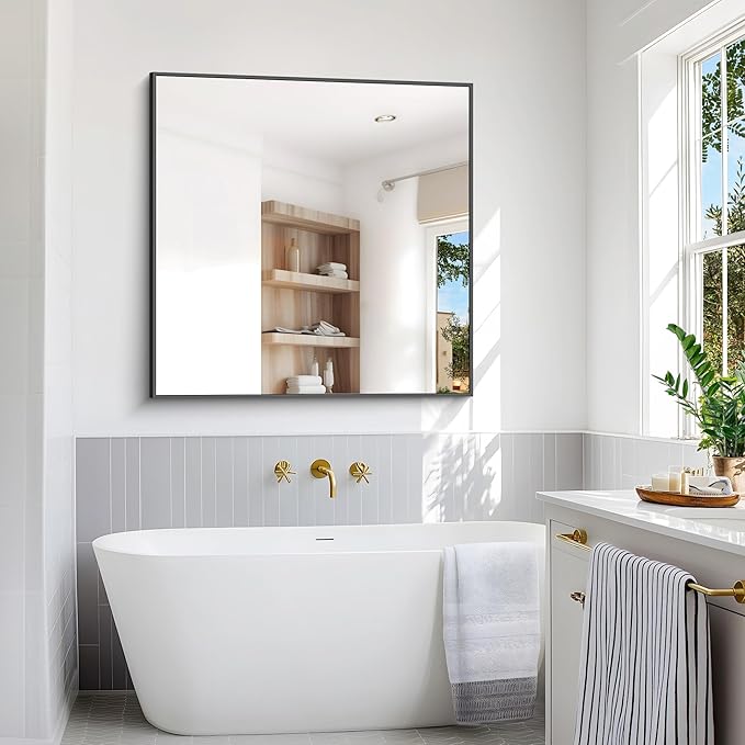 BONEWEI Bathroom Mirror,48x48 inch Large Wall Mirror for Bathroom Wall Mounted,Black Rectangle Wall Mirrors,Square Mirror for Living Room,Farmhouse, Bedroom Entryway, Horizontal/Vertical