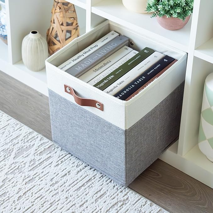 OrganiHaus 11x11 Fabric Cubes Storage Bins Set of 4, Foldable Collapsible Fabric Storage Bins for Organizer, Cubbies Organizer for Kallax, Linen Cube Shelf Baskets, Toy Organizing boxes - Grey/White