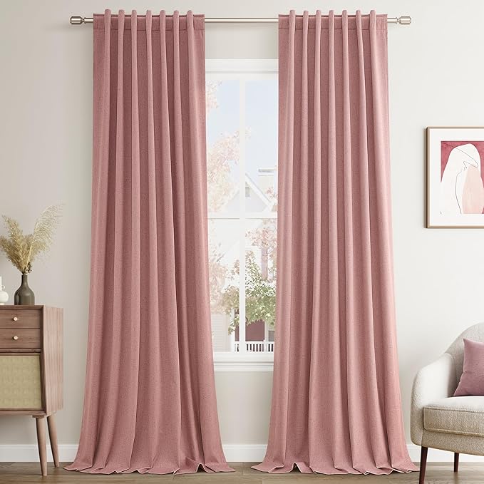 Guken Linen Blackout Curtains 120 Inch Length 2 Panels Set for Living Room Bedroom Back Tab Thermal Insulated 100% Black Out Linen Drapes Room Darkening Window Curtains 120 Inches Long, Pink