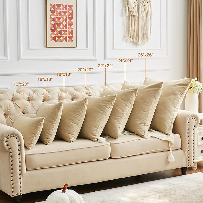 GAWAMAY Decorative Chenille Throw Pillow Covers 24x24 Inch Pack of 2, Soft Square Couch Pillow Cover for Sofa Cushion Living Room Bedroom Solid Dyed Pillowcases Khaki 60x60cm (ONLY Covers)