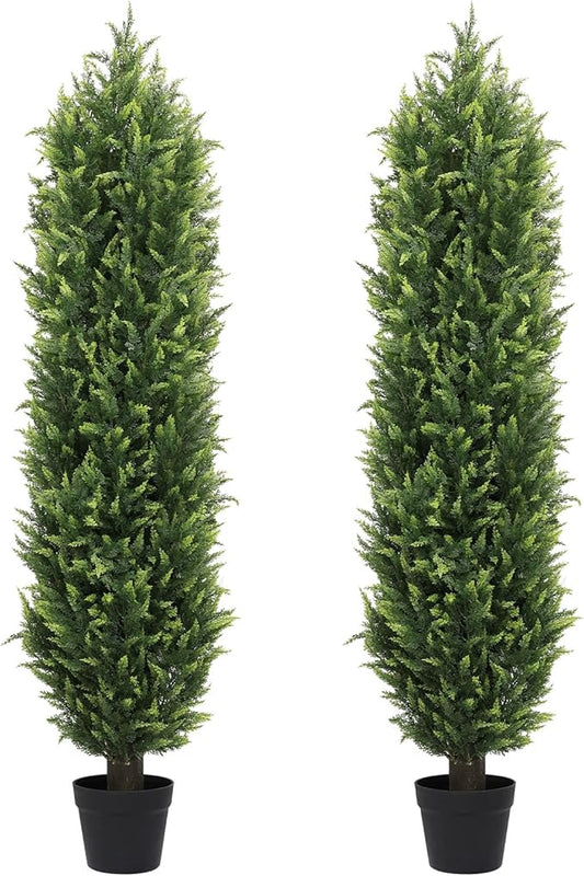 THE BLOOM TIMES 5FT Tall Artificial Cedar Topiary Trees Set of 2, UV Resistant Large Faux Cypress Evergreen Plants for Outdoor Planters, Realistic Fake Bushes & Shrubs for Front Porch Christmas Decor