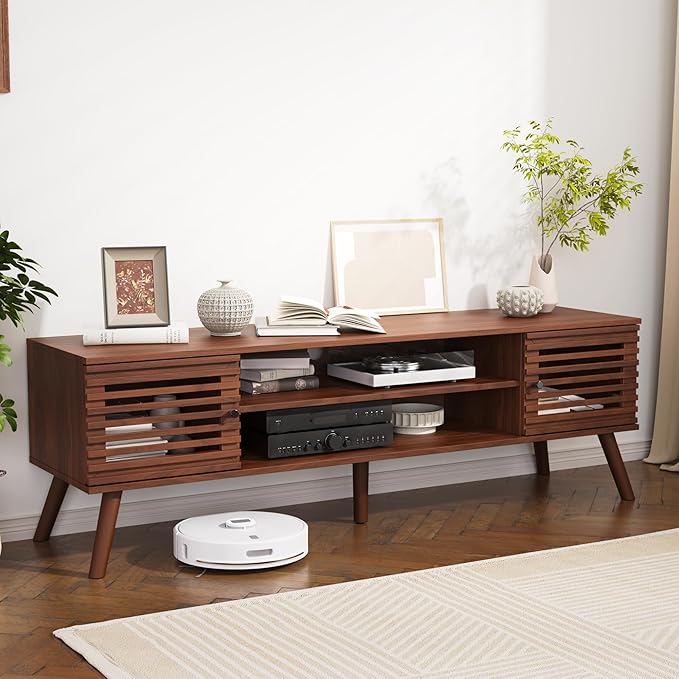 61" Mid Century Modern TV Stand for 50/55/60/70 inch TV, TV Media Console with Slatted Doors for TVs up to 70", Entertainment Center with Storage for Living Room, Bedroom, Walnut