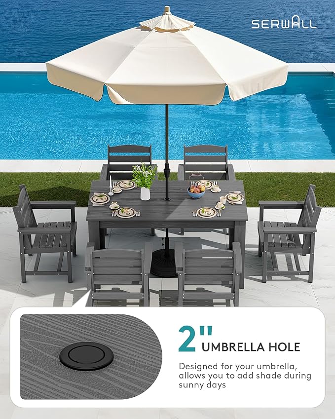 SERWALL Patio Dining Set for 4, Outdoor Dining Sets for 4 Person with 1 Umbrella Hole Cut-Out Rectangular Table and 6 Chairs, HDPE Dining Sets for Garden, Backyard, Poolside, Gray