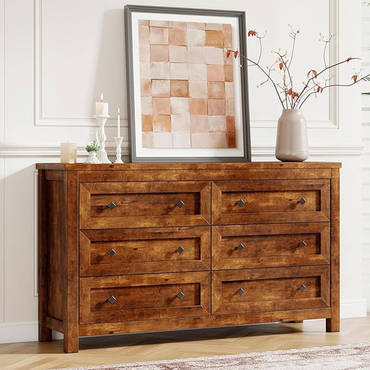 Farmhouse 6 Drawers Dresser, Wood Rustic Chest of Drawers for Bedroom, Closet Storage Dressers Organizer, 6 Drawers Chest for Living Room, Hallway, Rustic Brown