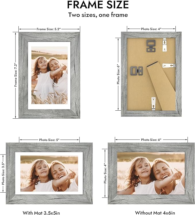 4x6 Picture Frame with Glass, Display Pictures 3.5x5 with Mat or 4 x 6 without Mat - Wall and Tabletop, 4 by 6 Photo Wooden Frames (Grey, 1 Pack)