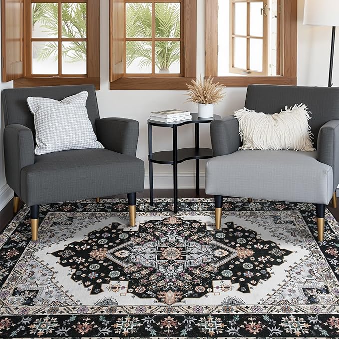 Vintage Area Rug 5x8 Rugs, Machine Washable Rug Non-Slip Low Pile Large Rug for Living Room, Bedroom, Farmhouse, Dining Room, Black