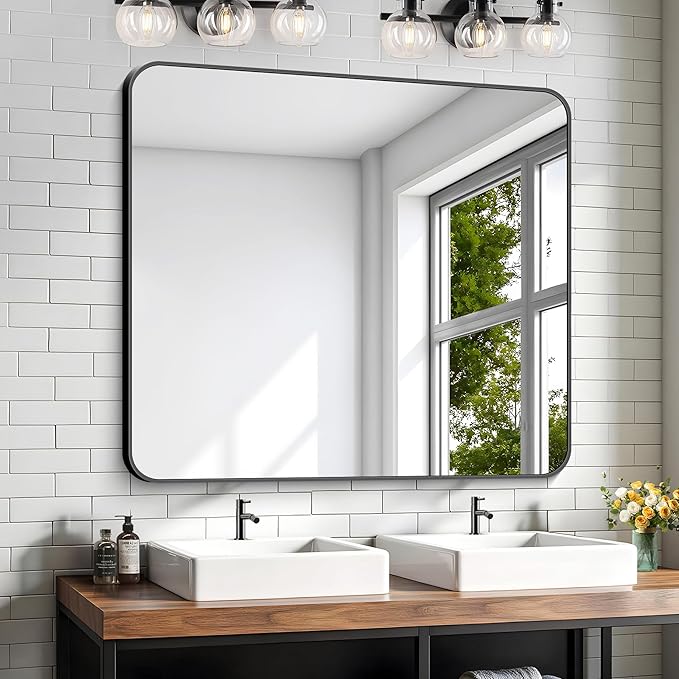 KOCUUY Black Rectangle Mirror, 36"x40" Vanity Mirror for Over Sink, Large Metal Framed Mirror with Rounded Corner for Bathroom Living Room Bedroom Dining Room, Hang Horizontal/Vertical