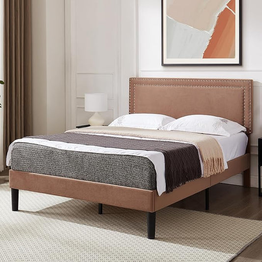 VECELO Bed Frame Queen Size with Adjustable Upholstered Headboard, Wooden Slats Platform, Noise-Free Design, Easy Assembly