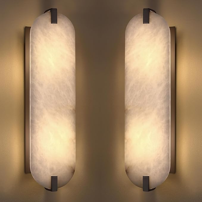 2 Pack 2 Light 20.7" Natural Oval Alabaster Marble Bathroom Wall Sconce Modern Concise Style Wall Light Fixture,Oil Rubbed Bronze Finish for Bedroom Hallway Bedside