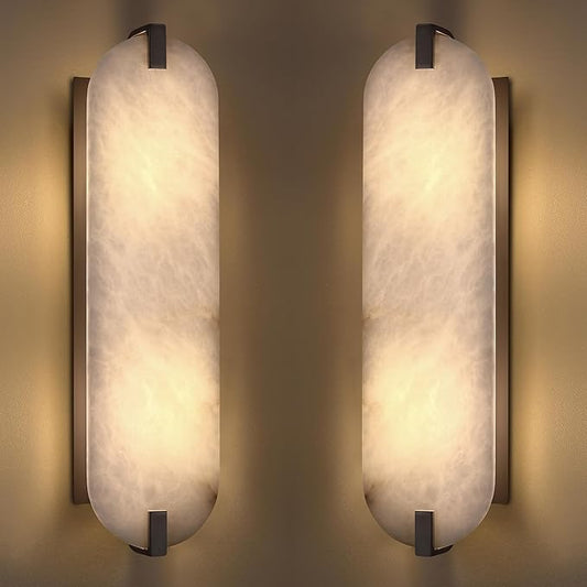 2 Pack 2 Light 20.7" Natural Oval Alabaster Marble Bathroom Wall Sconce Modern Concise Style Wall Light Fixture,Oil Rubbed Bronze Finish for Bedroom Hallway Bedside