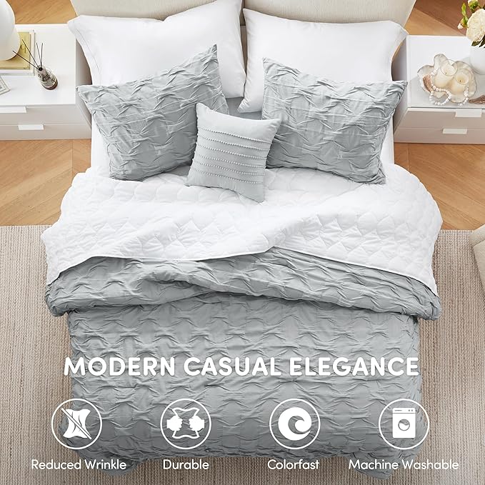 Comfort Spaces Twin/Twin XL Comforter Set for College Ogee Ruched Crinkle Texture Breathable Comforter Set Twin Dorm All Season Lightweight Bedding Set Shabby Chic Décor Pilow Grey 3 Piece
