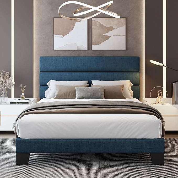 WEEWAY Full Size Bed Frame Platform Bed with Linen Fabric Upholstered Headboard and Wooden Slats Support, Heavy Duty Mattress Foundation, No Box Spring Needed, Easy Assembly, Navy Blue