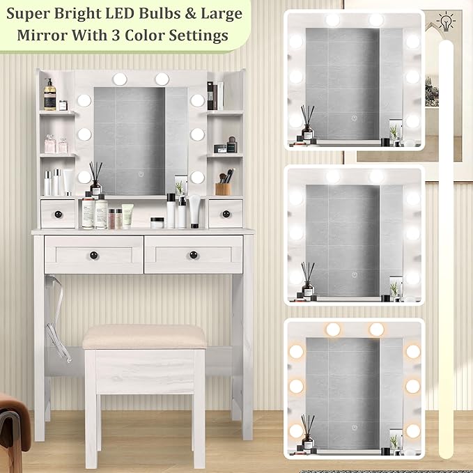 MISHAO Vanity Desk with Mirror and Lights, 31.4" Makeup Vanity with Power Strip, Dressing Table Set with 2 Large Drawers & Storage Stool,Vanity Mirror 3 Lighting Color Adjustable, Oak White
