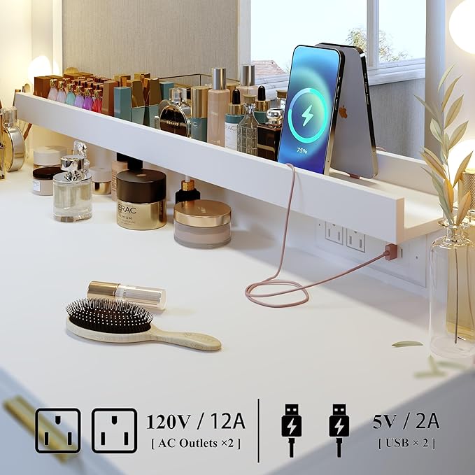 Makeup Vanity Desk with Large Mirror and 13 LED Lights, 39.3in Vanity Table with Power Outlet & 5 Drawers, 3 Lighting Color Adjustable, Vanity Desk for Bedroom and Dressing Room, White