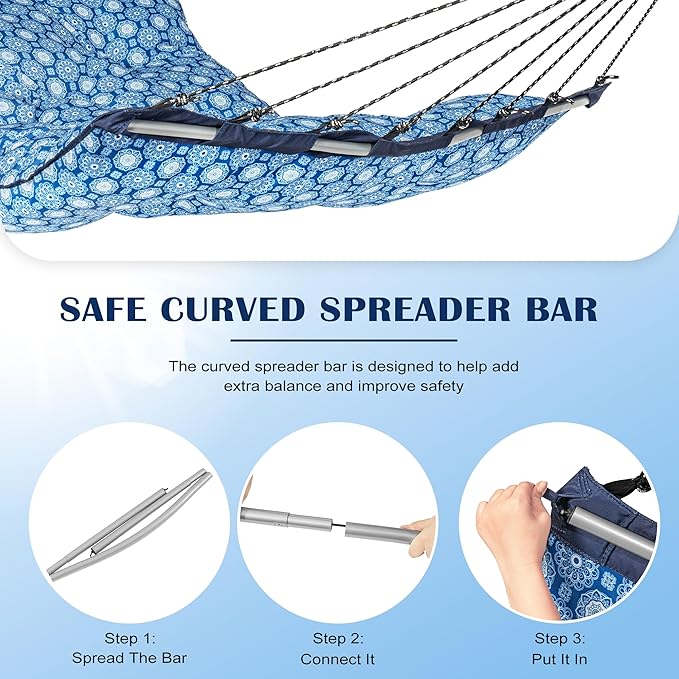 Lazy Daze Hammocks Deluxe 12 FT Thickened Fabric Hammock with Curved Aluminium Spreader, Outside Double Hammock with Large Soft Pillow, Side Pocket 450 Lbs Capacity for Patio, Blue Floral