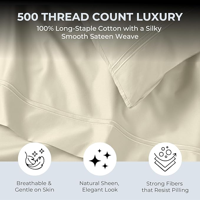 100% Natural Cotton Bed Sheets | 500 TC Single-Ply Sateen Weave King Size Sheets Set | Soft & Hypoallergenic Solid 4-Piece Bedding with Deep Pocket Fitted, Flat, Pillowcase | Cream Beige