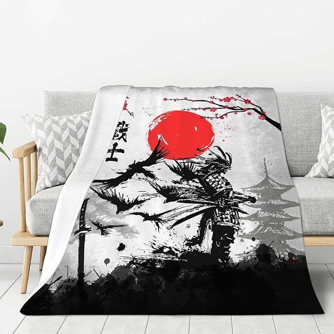 Japanese Blanket Cherry Blossom Throw Blankets Black and White Japen Stuff Gifts for Men Women Boys Girls Adults Fleece Flannel Blanket Plush Bedding for Couch Sofa Bed Room Decor 50"X60"