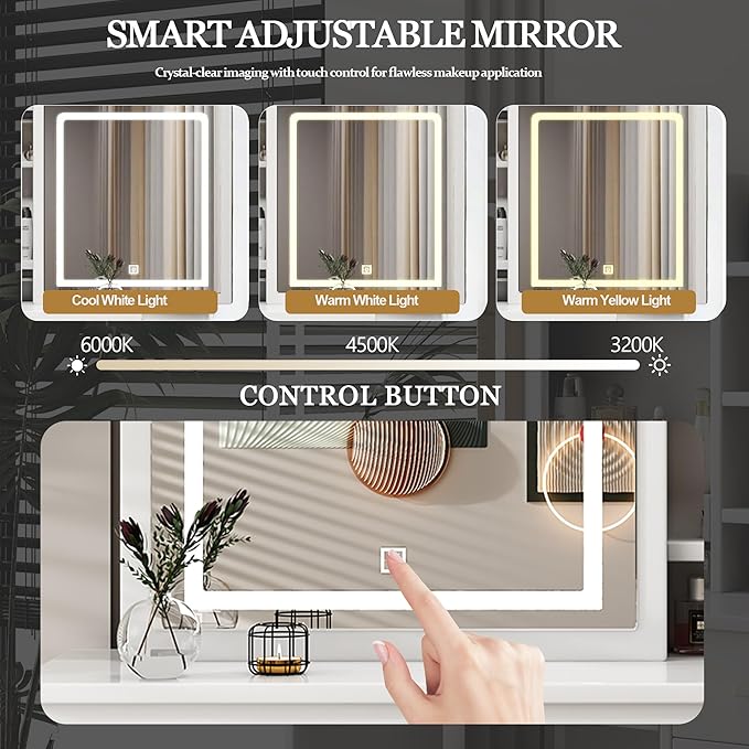 Stylish Vanity Desk with Mirror and Lights, White Dressing Table Set with Chair, 5 Drawers & Open Shelves, Adjustable 3-Color LED Lighting, Perfect for Bedroom Makeup