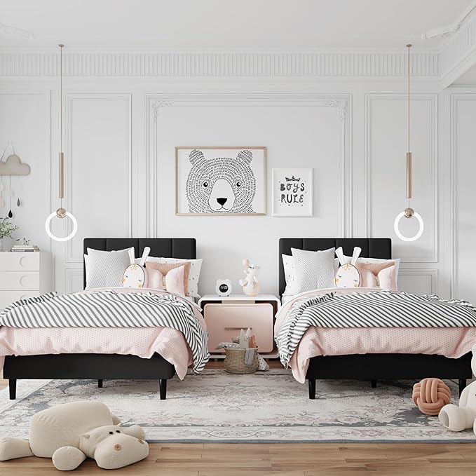 Twin Size Bed Frame, Platform Bed Frame with Velvet Upholstered Headboard, Twin Upholstered Mattress Foundation with Strong Wooden Slats, No Box Spring Needed, Noise Free, Easy Assembly