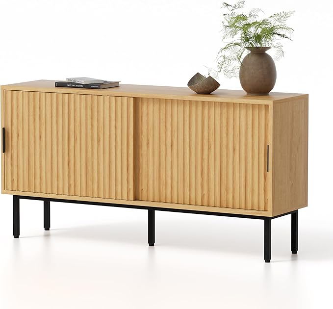 Fluted Tv Stand with Sliding Doors, 47" Modern Entertainment Center with Adjustable Shelves, Wood Media Console with Storage for Living Room, Natural Oak