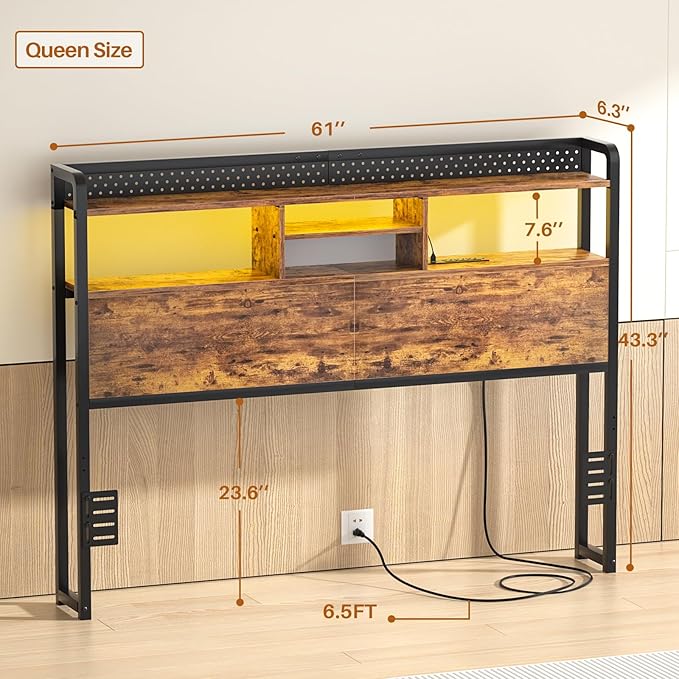 Unikito Headboard for Queen Size Bed with Storage Shelf, Head Board with 3 Outlets and 2 USB Ports, Headboards with RGB LED Light, Height Adjustable, Sturdy and Stable, Easy Assembly, Rustic Brown