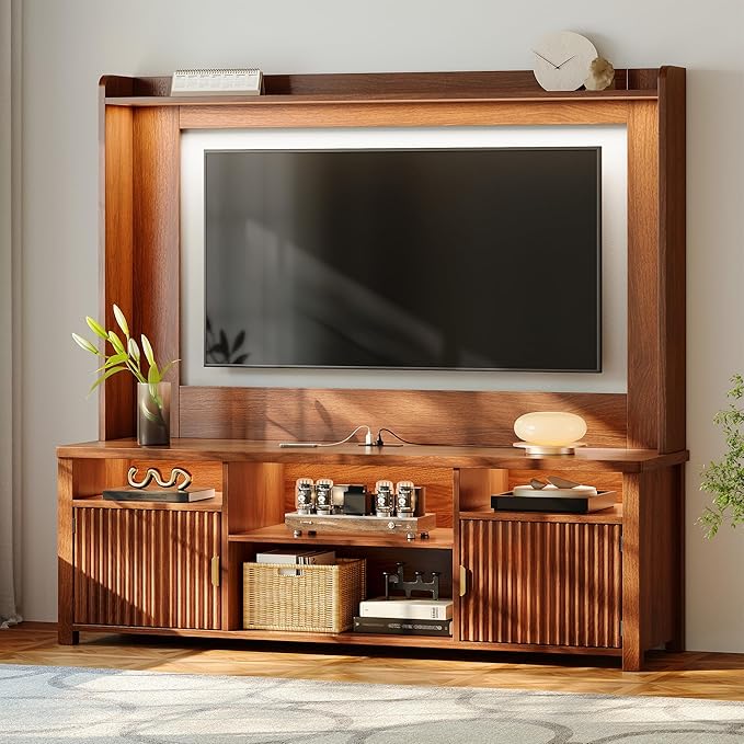 70.9"H TV Stand, Modern Chic Entertainment Center for TVs Up to 70 inches, Extra 4 Storage Wooden Shelves, Magnetic cabinet doors & Curved Profile Design, Media Console for Living Room, Walnut Brown