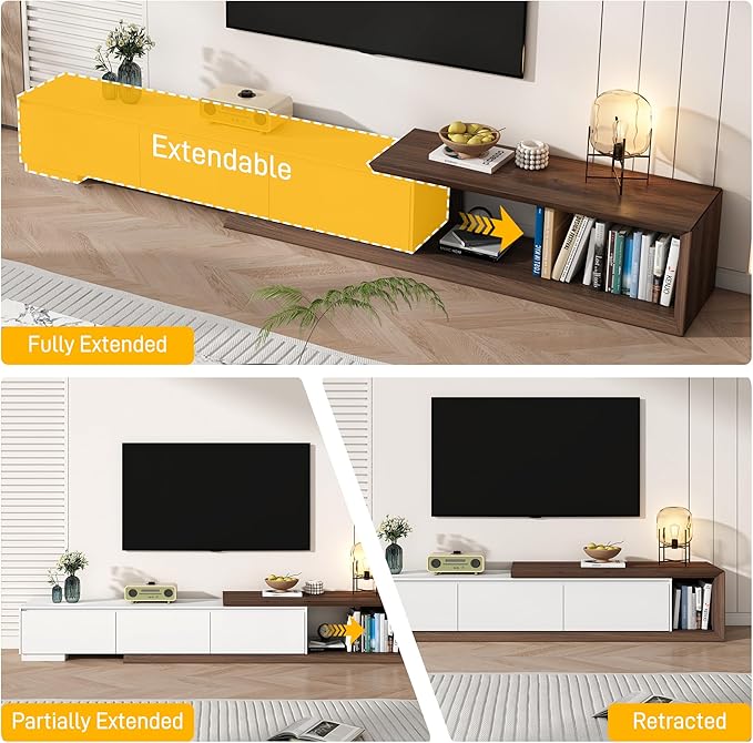 Extendable TV Stand with 3 Drawers, Modern Minimalist Entertainment Center, Reversible Long TV Media Console, Bevel Design, 82-107.3 Inch, White & Walnut