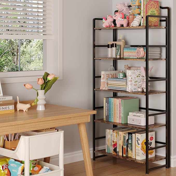 JSB No Assembly Folding Bookshelf, 5 Tier Book Shelf for Storage, Vintage Wood Foldable Bookcase for Living Room, Bedroom, Office Organization Shelves