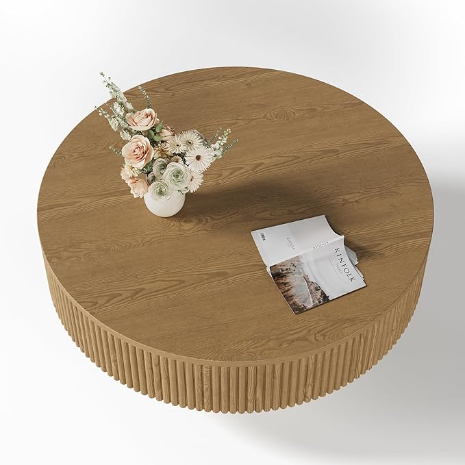 31.5” Round Fluted Coffee Table, Modern Wood Circle Coffee Table, Veneer Handcrafted Relief Tea Table with Sturdy Pedestal for Living Room - Natural