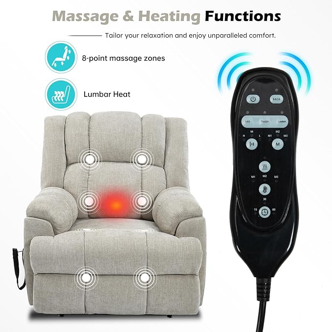 Power Lift Recliner Chair with Massage and Heat for Elderly People, Dual Motor Electric Lift Chair with Power-Remote, Medium-Firm and Heavy Duty, Chenille Fabric - Beige