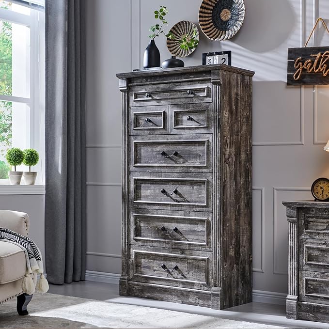 Farmhouse 7 Drawers Dresser for Bedroom, 57" Tall Large Dressers & Chests of Drawers w/Roman Column, Storage Dressers Organizer for Bedroom, Hallway, Living Room, Light Grey