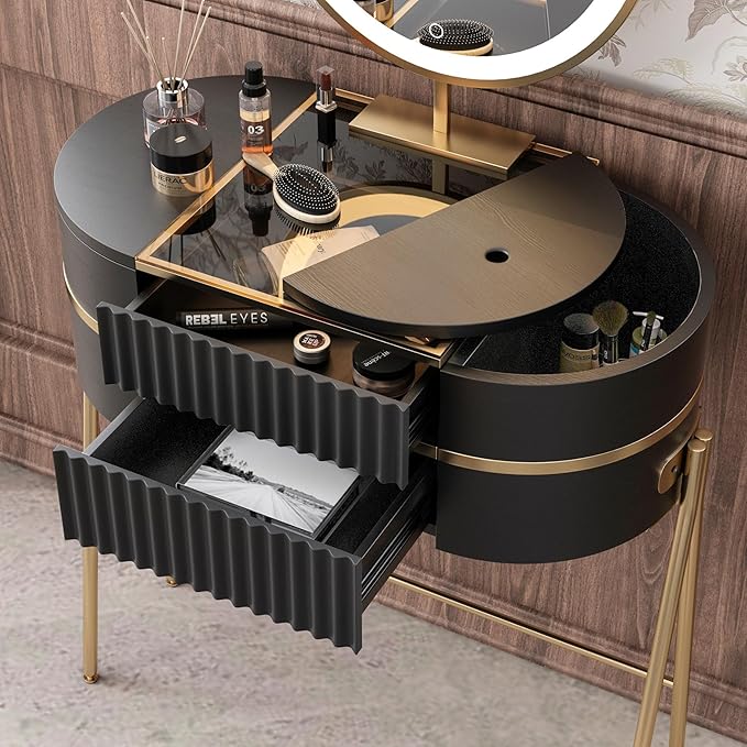 Makeup Vanity with Mirror and Lights - with LED Mirror,Glass Top for Bedroom,Stainless Steel Foot，White Wax Wood Stool