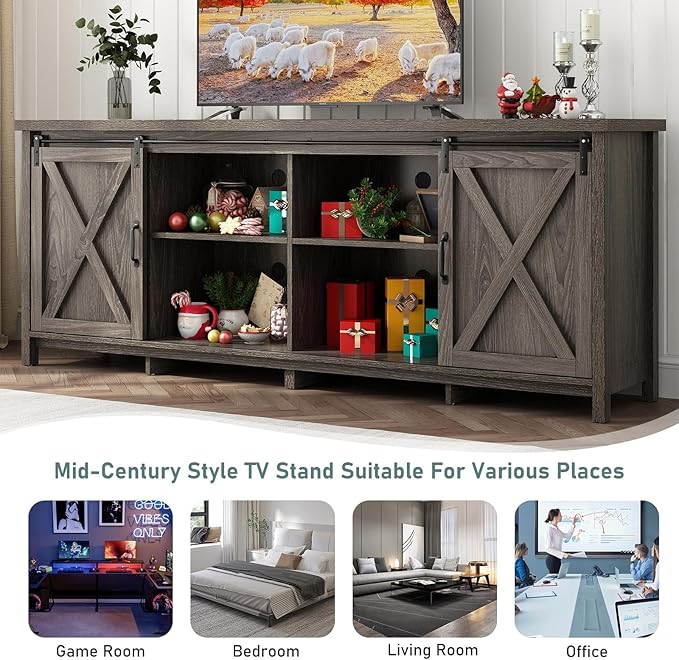 70In Farmhouse TV Stands for 70 75 80inch TV w/Adjustable Shelves,Sliding Barn Door.Rustic Wooden Entertainment Center,TV Console Grey Cabinet w/Storage for Bedroom Living Room(Dark Grey 70in)