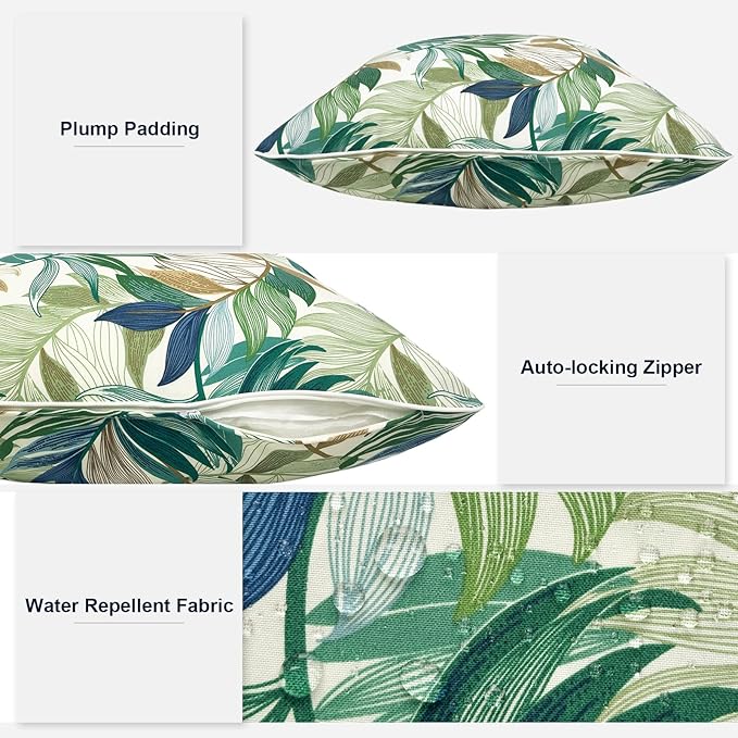 Outdoor Throw Pillow Covers Pack of 2, Decorative Water Repellent Square Pillow Cases 18x18 Inch, Patio Pillowcases for Home Patio Furniture Use, Lush Leaf Green