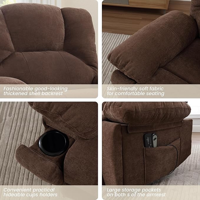 Oversized Power Recliner Chair 350lb with Hidable Cup Holders, Extra Wide Large Big Electric Recliner Chair with Lumbar Support Pillow Nursery Chair Living Room (Power, BROWN-6001)