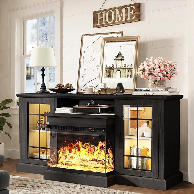 MXV 59'' Fireplace TV Stand, Farmhouse Entertainment Center with 3 Sided Glass TV Stand, Modern Media Console Table with Storage Drawers & Cabinets with LED Flame and Lights for Living Room, Black