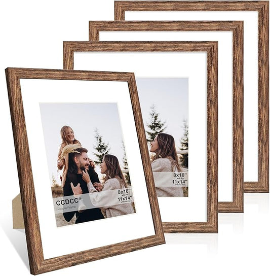11x14 Picture Frame Set of 4, 11 x 14 Wood Photo Frames with Mat for 8x10, Natural Wooden Frame with Real Glass Cover for Wall and Tabletop Display,Rustic Brown