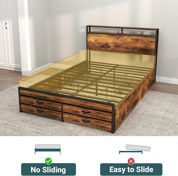 Queen Size Bed Frame with 8 Storage Drawers, Sturdy Queen Platform Bed with Wooden Headboard & Footboard, Noise-Free Design, No Box Spring Required, Brown