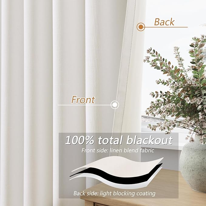 Guken Ivory Linen Blackout Curtains 84 Inch Length 2 Panels Set for Living Room Bedroom Back Tab Thermal Insulated 100% Black Out Linen Drapes Room Darkening Window Curtains 84 Inches Long