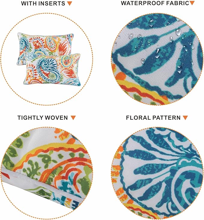 Outdoor Lumbar Pillows Waterproof Set of 2 Decorative Pillows with Inserts 12×20 Inch Outdoor Pillow for Patio Furniture (Paisley Print)