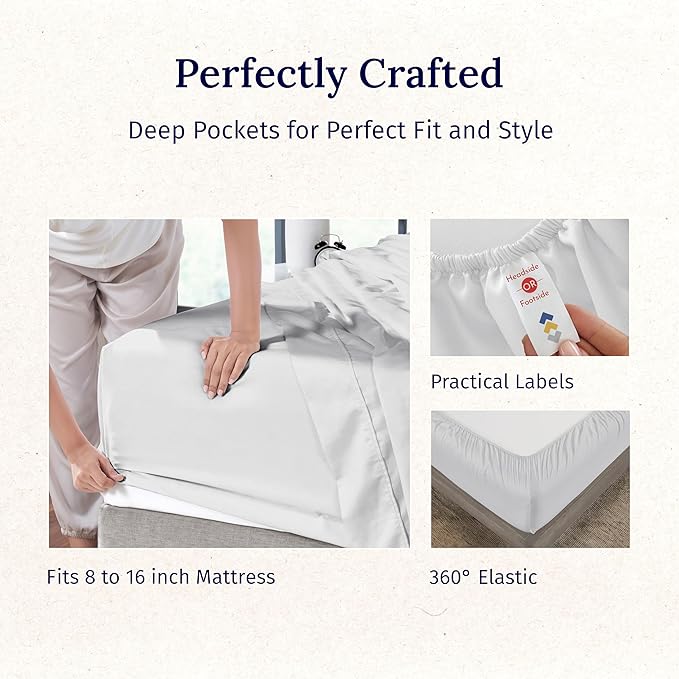 California Design Den Full Bed Sheets Set - Luxury 600 Thread Count Sateen, Natural 100% Cotton Bedsheets, Fully Elasticized Deep Pockets, Crisp, Cool and Durable Hotel Quality Bedding - Light Silver