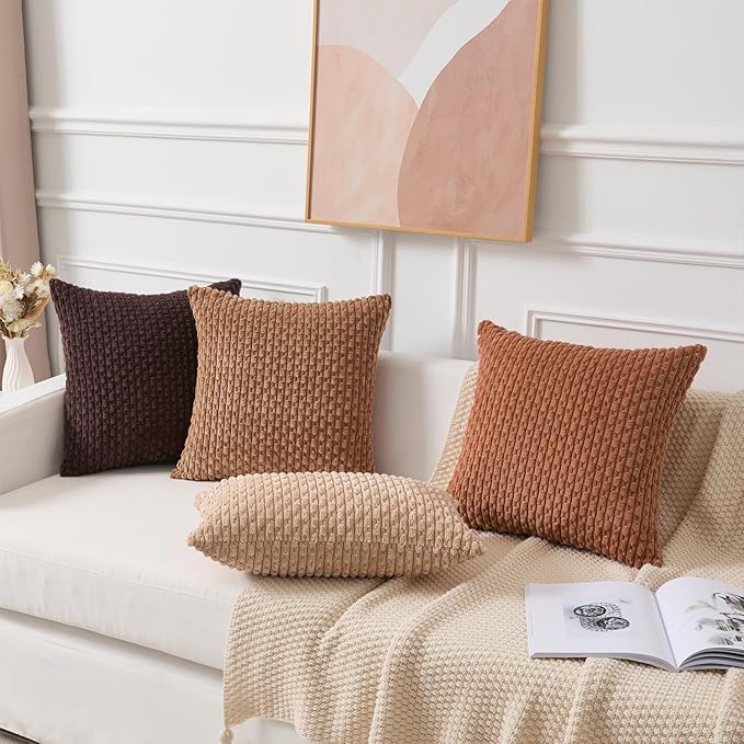 Kevin Textile Decorative Pillow Covers Set of 2 Striped Plush Corduroy Rectangle Lumbars Boho Home Decor Cushion Covers for Couch Sofa Bed Living Room 12x20 Inch, Coffee