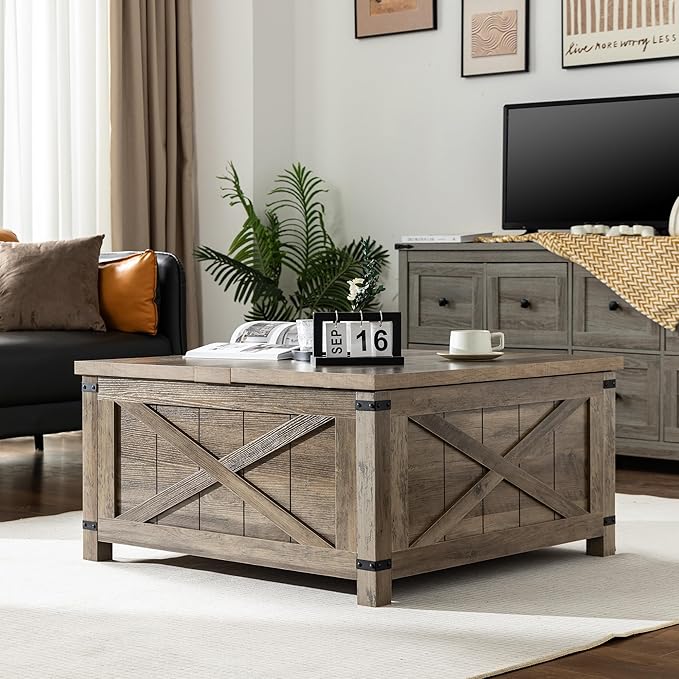 EnHomee Coffee Table with Storage 35.7" W Lift Top Coffee Tables for Living Room Farmhouse Coffee Table, Square, Grey