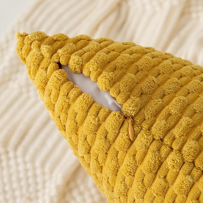 Kevin Textile Throw Pillow Covers Soft Corduroy Decorative Set of 2 Boho Striped Pillow Covers Pillowcases Farmhouse Home Decor for Couch Bed Sofa Living Room 26x26 Inch Mustard Yellow