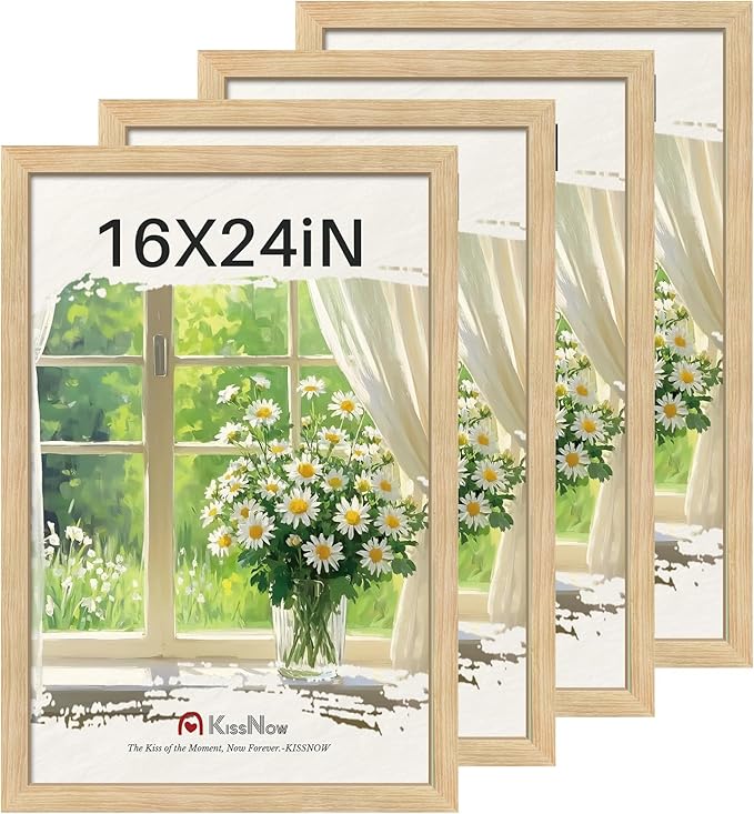 16x24 Poster Frame 4 Pack, Natural Oak Wood Picture Frame with Polished Plexiglass, Wall Hanging
