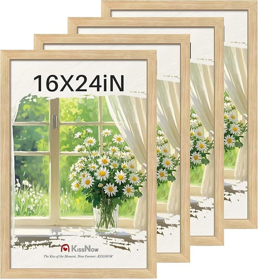 16x24 Poster Frame 4 Pack, Natural Oak Wood Picture Frame with Polished Plexiglass, Wall Hanging